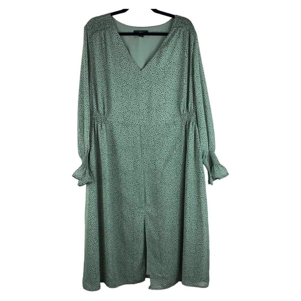 Ellos Plus Size Midi length long sleeve sage green w/black dots‎ print dress